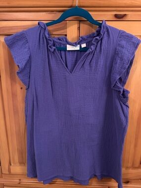 🐷 Belle by Kim Gravel Cotton Gauze Periwinkle Flounce Sleeve Top QVC A688061